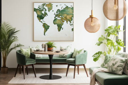 An Exquisite Fusion: Chic Dining Room featuring Vibrant DÃ©cor, Captivating Map Poster, and Opulent Fの素材