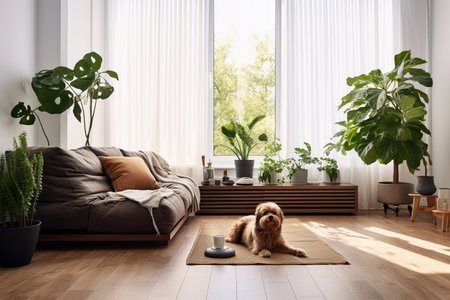 Chic and Cozy Living Room: Small Design Table, Sofa, and a Touch of Natureの素材