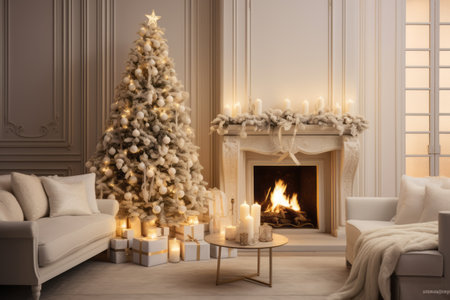 Enchanting Holiday Ambiance: Festive Living Room adorned with a Christmas Tree, alongside a Captivatの素材