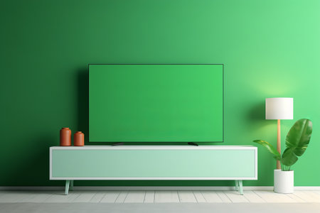 Modern Loft Living: Green Screen TV Mock Up in Cozy, Spacious Apartmentの素材