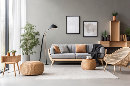 Elegant Scandinavian Living Room: A Stylish Composition of Gray Sofa, Wooden Coffee Table, and Rattaの素材