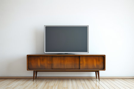 Contemporary Television Display on a Chic Wooden Table against a Clean White Wallの素材