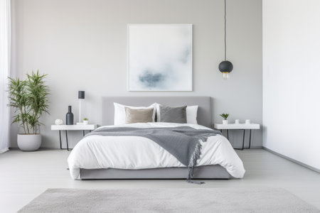Modern Bedroom Oasis: Aesthetic Vase, Grey Lamp, and Artful Gallery Accent the Spaciousnessの素材
