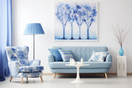 Cozy Elegance: A White and Blue Living Room Oasis with Stylish Sofa, Comfy Armchair, Chic Lamp, andの素材