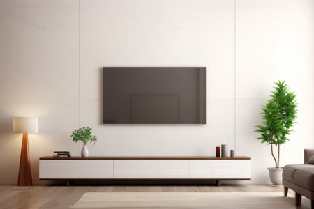 Simplicity and Elegance: A Minimalist Living Room with a TV Cabinet Against a White Wall Backgroundの素材