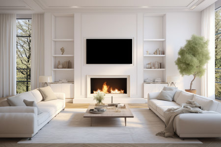 Aesthetic Retreat: Luxurious White Living Room adorned with Fireplace, TV, Coffee Table and Panoramiの素材