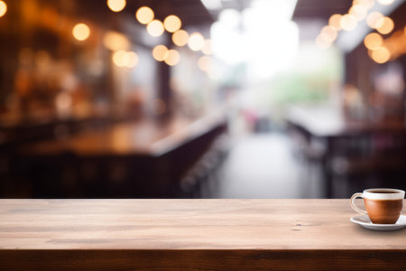 Mock-Up Display: Wooden Board Empty Table Top and Blur Interior in Coffee Shop Backgroundの素材