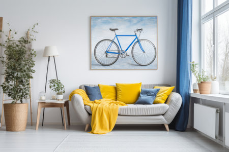Vibrant Harmony: A Captivating Yellow and Blue Painting in a Stunning Living Room Ensembleの素材
