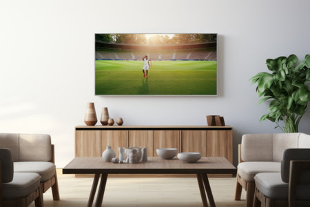 Immersive 3D Living Room: Cricket Fever Unleashed on LED TV with Wooden Table and Lush Greeneryの素材