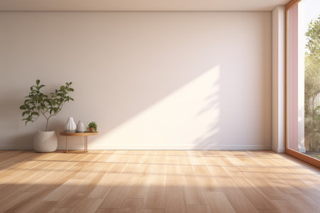 Renovate Your Dream Home with our 3D Rendering: A Sunlit Empty Living Room with Sliding Door, Woodenの素材