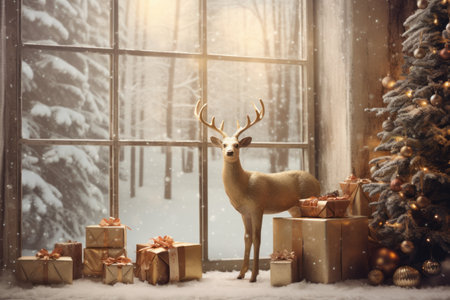 Vintage Christmas Magic: A Cozy Beige Loft adorned with a Decorated Christmas Tree, Deer and Glowingの素材