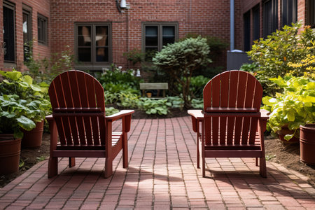 Enchanting Courtyard Oasis: Tranquil Senior Housing Community Embraces Charming Wooden Chairs Amidstの素材