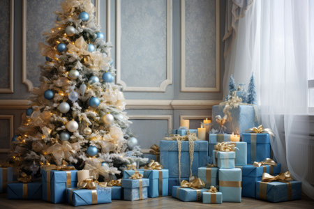 Festive Splendor: A Beige and Blue Holiday Haven with Christmas and New Year Decorated Interiorの素材