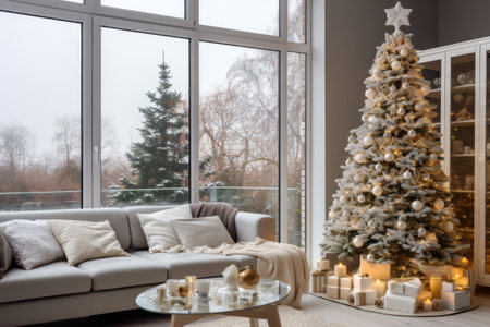 Magical Holiday Splendor: A Glimpse Inside a Stylish Living Room with a Beautifully Decorated Christの素材