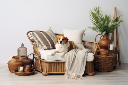 Natural Charm: Boho Living Room Decor with Rattan Accents and an Adorable Canine Companionの素材