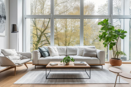 Sophisticated Modern Living: A Serene Front View of a Spacious, Unoccupied Living Room with a Gorgeoの素材