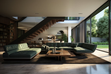 Elegant Modern Living: A Stylish Dark-Sofa Oasis with Poolside Panoramaの素材