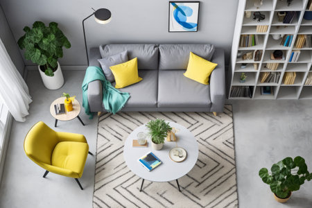 Serene Modern Living: A Captivating Top View of an Empty Room Adorned with Contemporary Furniture, Cの素材