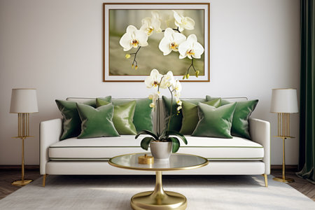 Exquisite Home Decor: Captivating Living Room Design with Mock Up Poster Frame, Stylish Sofa, and Goの素材