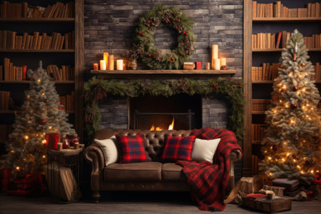 Festive Comfort: A Cozy Christmas Living Room Adorned with a Sofa, Pillows, Plaid, Fireplace, Bookcaの素材
