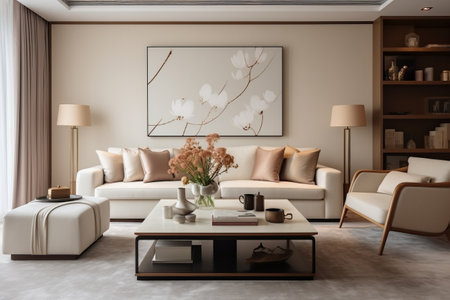 Sophisticated Elegance: A Stylish Living Room with Soft Beige Carpet and Sofa in Exquisite Interiorの素材