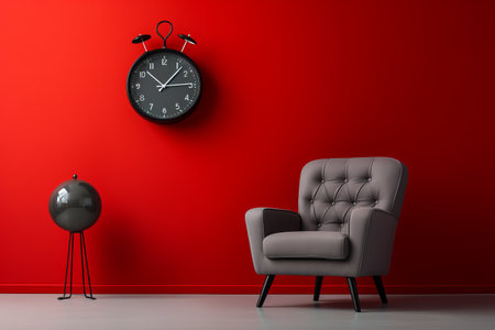 Bold Contrasts: Elegant Grey Armchair, Pouf, and Clock Pop Against Vibrant Red Wallの素材