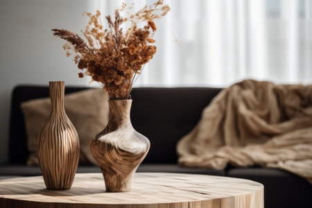 Rustic Charm: A Wooden Mannequin and Dried Flower Vase Adorn the Living Room Coffee Tableの素材