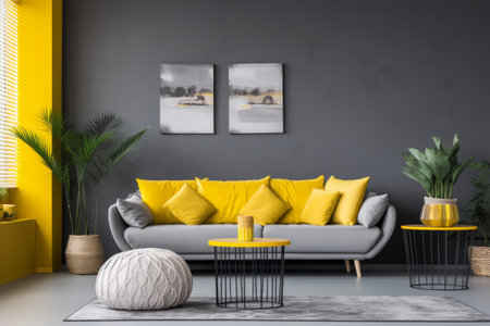 Striking Silver Artwork Enhances Grey Sofa Set with Vibrant Yellow Accents in Expansive Living Roomの素材