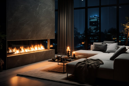Nightfall Elegance: A Stylish Living Room with a Beautiful Fireplace and Unique Interior Designの素材