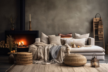 Boho Chic Living Room: Stylish Details, Modern Design, and Cozy Sofa with Fireplaceの素材