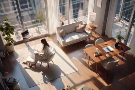 Modern Comfort and Productivity: A Glimpse into a Spacious Living Room and Work Oasisの素材
