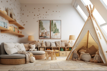 Playful and Cozy: Embarking on a Stylish Child Room Journey with a Comfortable Sofa and a Splendid Aの素材