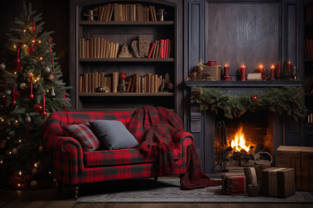 Cozy Christmas Vibes: Festive Sofa with Pillows and Plaid in a Warm Living Room with Fireplace, Bookの素材