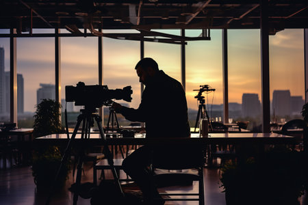 Capturing Moments: The Cameraman's Silhouette in the Spotlight at an Indoor Eventの素材