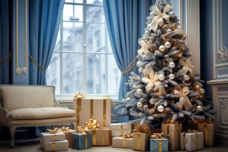 Festive Charm: A Cozy Beige and Blue Room Adorned with Christmas and New Year Delightsの素材