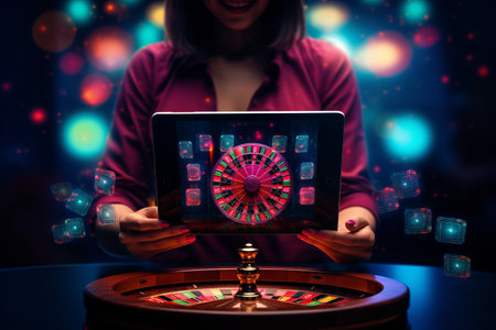 Empowerment and Excitement: Unleashing the Thrills of Online Gambling With a Tablet in Female Handsの素材
