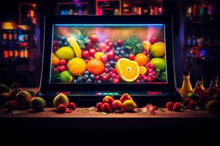 Captivating Casino Vibes: Fruitful Slot Machine Moments with Silhouettes in Backgroundの素材