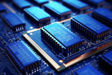Exploring the Intricate World of Blue DDR RAM Memory Slots: A Close-Up of Motherboard's Desktop PCの素材