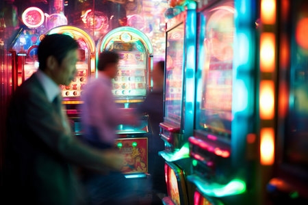 Blurred Fun: Captivating the Vivid Lights as People Play Pachinko, Japan's Mesmerizing Slot Machineの素材