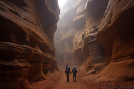 Mystical Adventures: Brothers Discovering San Diego's Slot Canyon on a Foggy Morningの素材