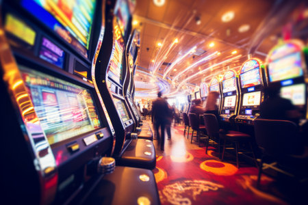 Gambling Thrills Aboard a Cruise Liner: Blurred Image of Slot Machines and People Engaged in Casinoの素材