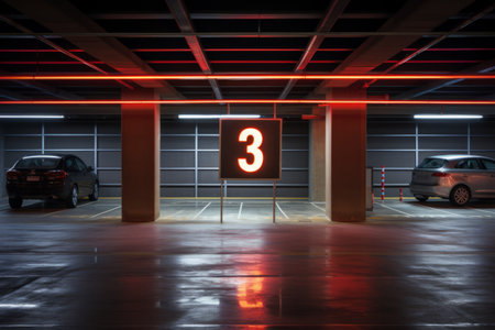 Navigating the Night: Exploring the Modern Public Construction of a Neon-lit Parking Garage on Floor Level 3の素材