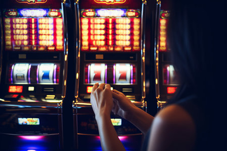 Thrilling Moments: Captivating Woman Playing Casino Slot Machine Gamesの素材