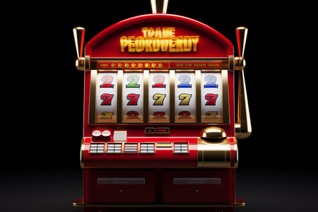 Golden Triple Seven Jackpot: A Close-Up of a Casino Slot Machine, a Symbol of Gambling Entertainmentの素材