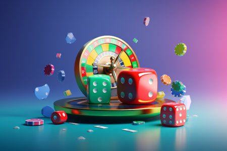 The Thrilling Casino Gambler Showcase: Unveiling Vibrant 3D Illustration Jam-packed with Dice, Fruit Machines, and Roulette Games - Casino Gambler Banner_99 1の素材