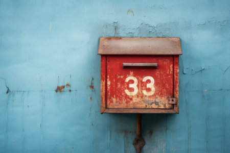 Nostalgic Charm: The Old Red Mailbox Against a Wooden Blue Wallの素材