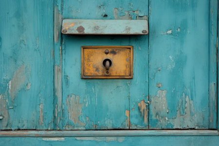Vintage Charm: A Close-Up of a Turquoise Wooden Door with an Old Mailbox Slotの素材
