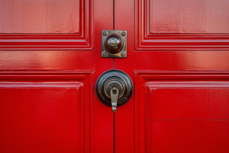Vibrant Entryway: Exploring the Intricacies of a Bright Red Paneled Front Door with Knob, Lock, andの素材