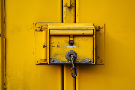 Abstract Outdoor Door Composition: A Vibrant Yellow Handle and Mailbox Slot Embracing the Close-Up Vの素材