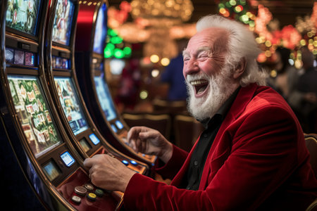 Festive Fun: An Elderly Man's Joyful Time at the Holiday Casino Slot Machineの素材